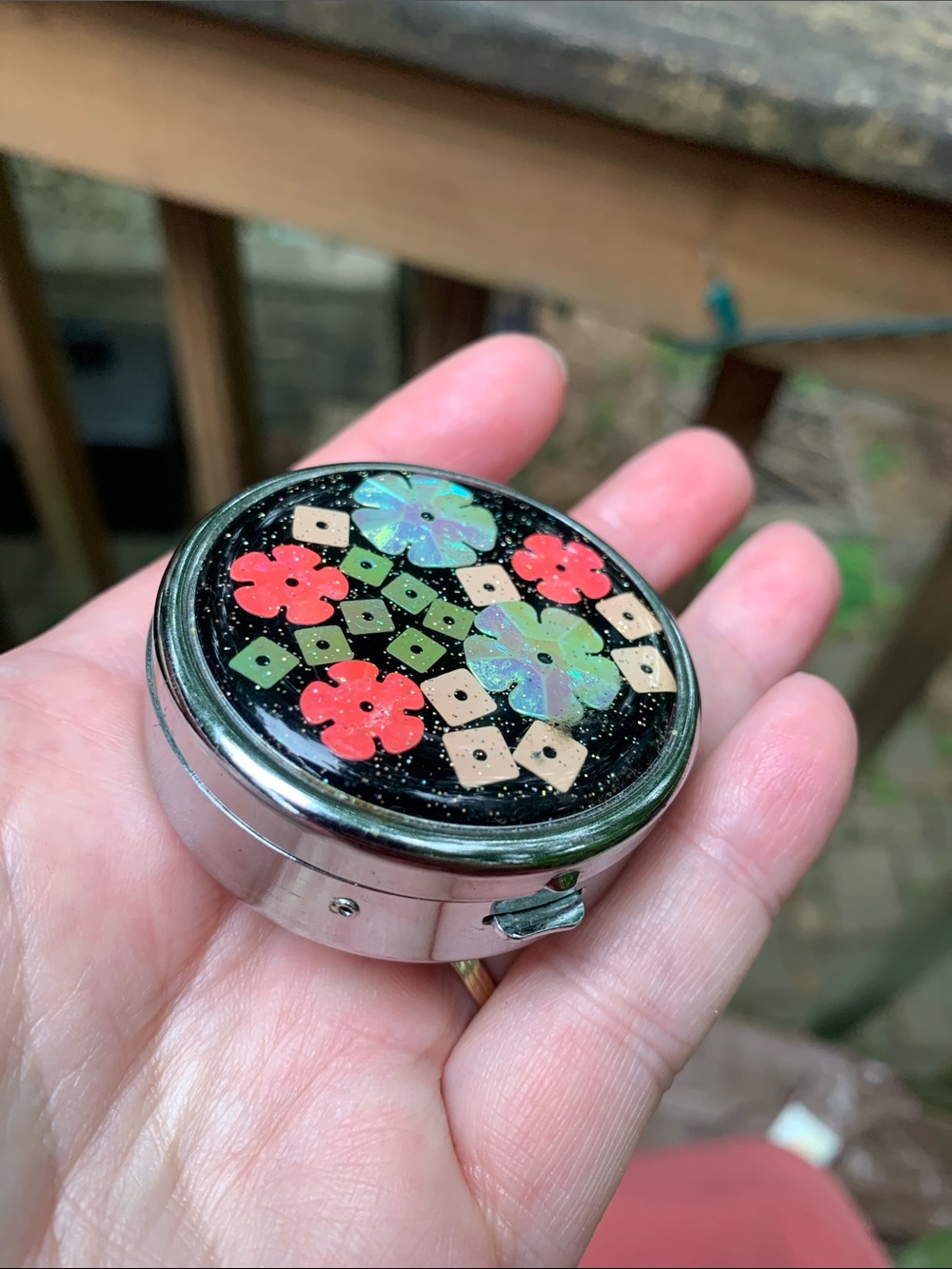Vintage Pill Box — Black Floral Design